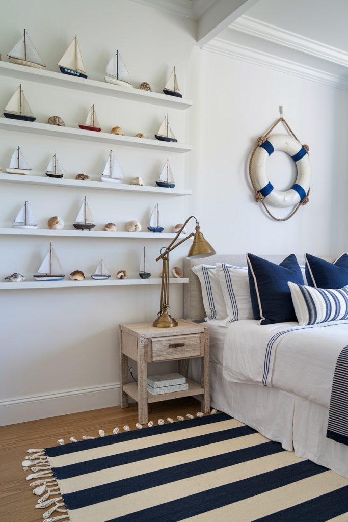 A nautical-themed bedroom with model sailboats on shelves, a lifebuoy on the wall, a bed with blue and white pillows, a striped rug and a wooden side table with a brass lamp.