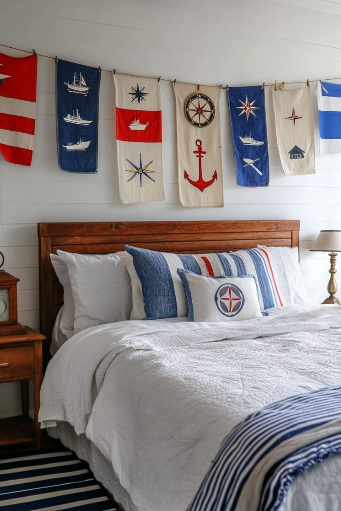 Nautical-style bedroom with wooden bed, striped bed linen and maritime flags on the wall. Navy blue and white color scheme.