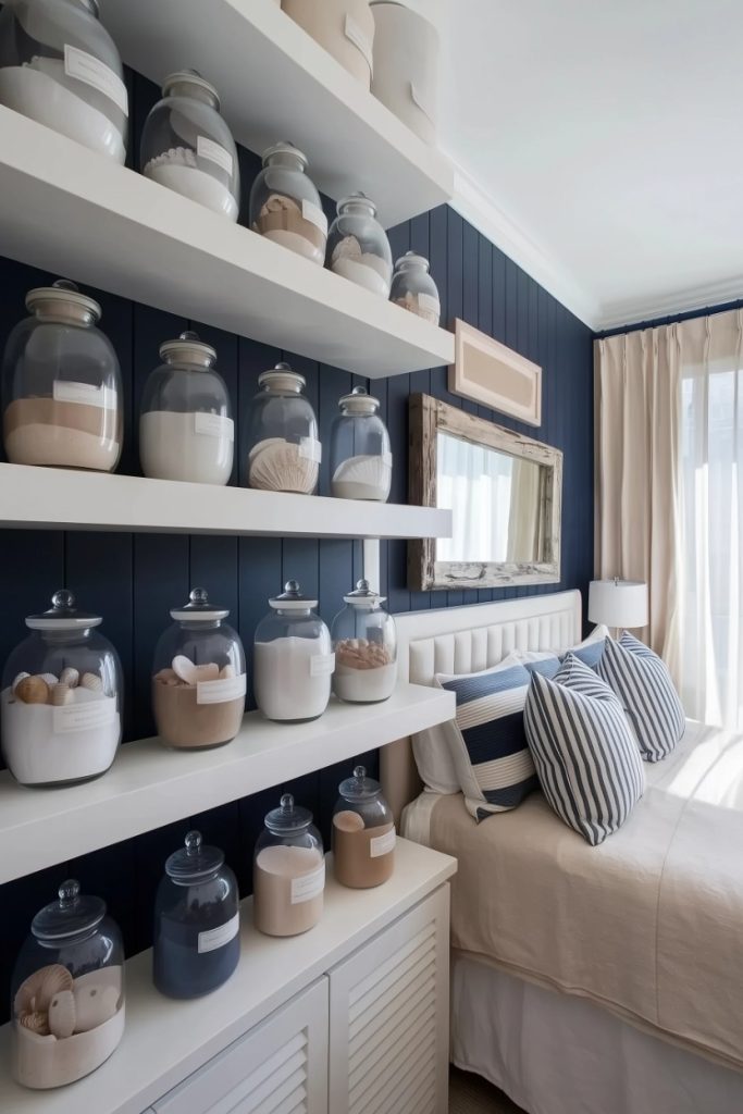 A bedroom with navy and white decor features wall shelves with large jars filled with assorted seashells and beach sand. You can see a bed with striped pillows and a window with light curtains.