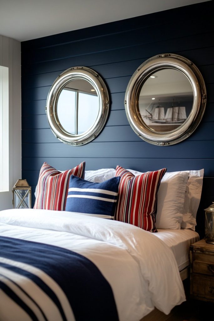 Bedroom with a dark blue stepped wall, two round mirrors, white bed linen with red and blue striped pillows and a blue striped blanket.