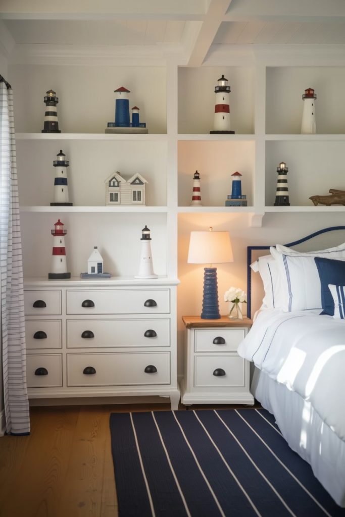 Nautical-themed bedroom with a white chest of drawers and a bedside table with lighthouse models, a lamp and a striped rug. More lighthouses can be seen on the shelves. The bedding is white with blue accents.