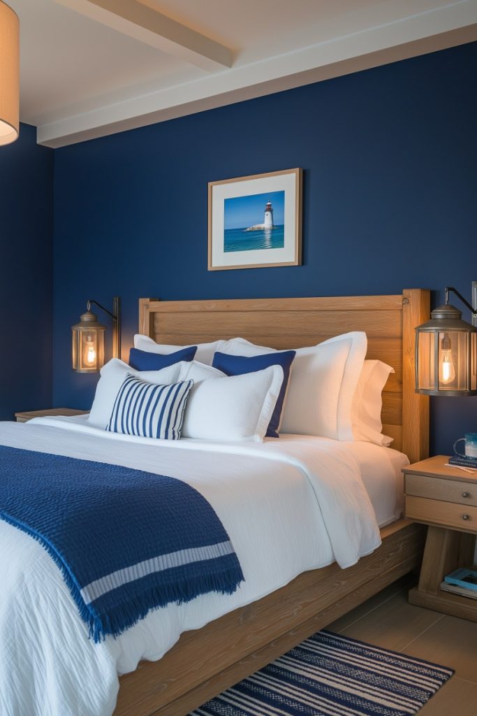 A bedroom with a wooden bed, blue and white pillows and a blanket. A framed picture of a lighthouse hangs on the blue wall. There are wooden bedside tables with lamps on each side.