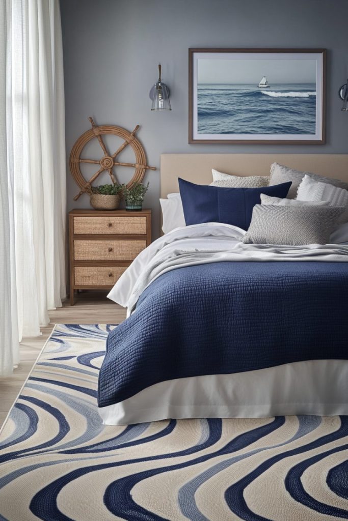 A navy and white style bedroom with a bed, a patterned rug, a wicker nightstand, a decorative ship's wheel and a framed seaside photo on the wall.