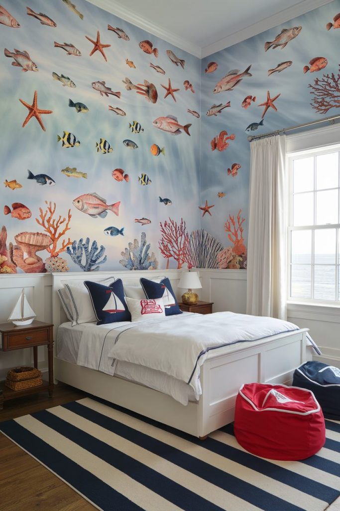 Bedroom with sea-themed decor, a fish and coral mural, a white bed with nautical pillows and a striped rug.