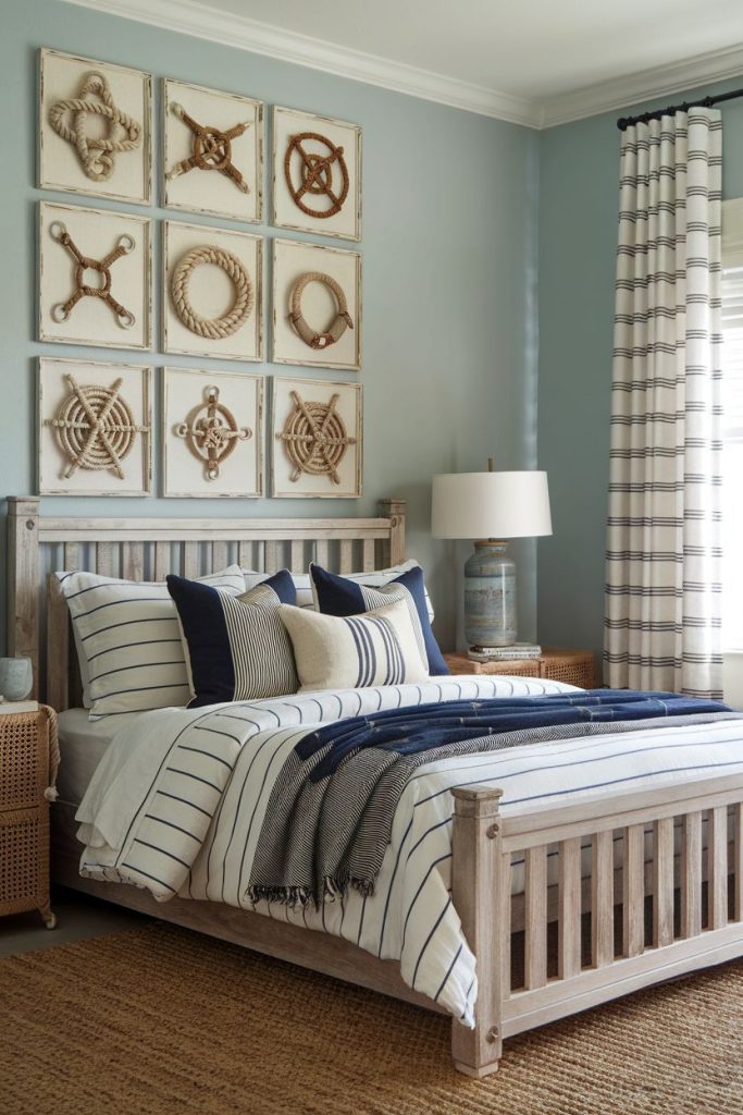 A bedroom with a wooden bed, striped bedding and a blue theme. Nautical rope art adorns the wall. On the right there are curtains and a lamp. A wicker rug covers the floor.