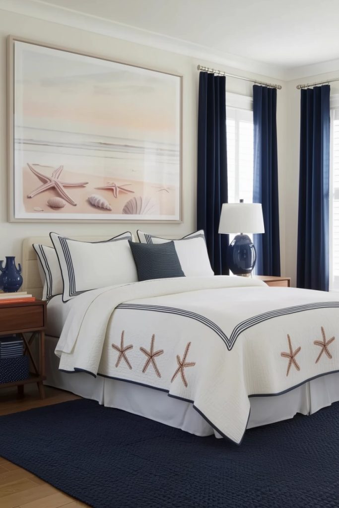 A nautical-themed bedroom features a bed with starfish-print linens, navy curtains, and a large marine-themed painting above the headboard.