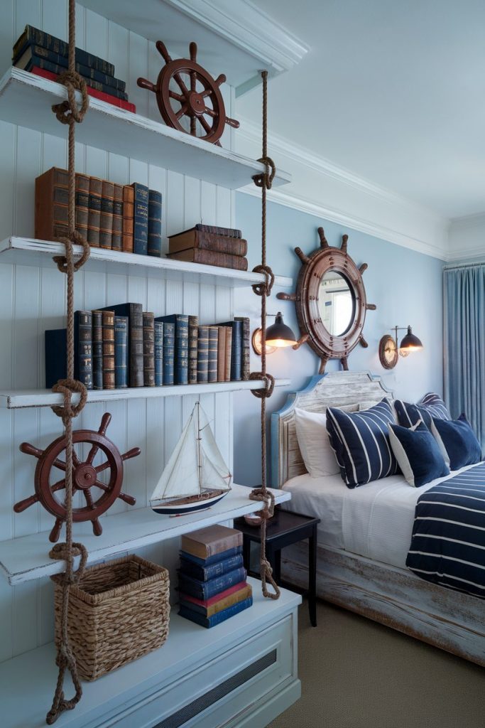 Nautical style bedroom with ship wheel decor, rope shelves, sailboat model and striped bedding. Blue walls and two wall lamps above the bed emphasize the maritime style.