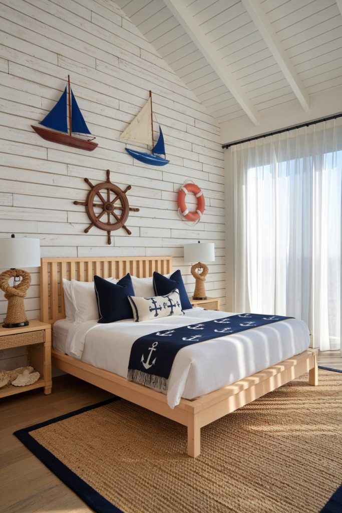 A nautical-style bedroom with a wooden bed, anchor pattern bedding, wall decoration with a boat and lifebuoy, natural wood bedside tables and sheer curtains.