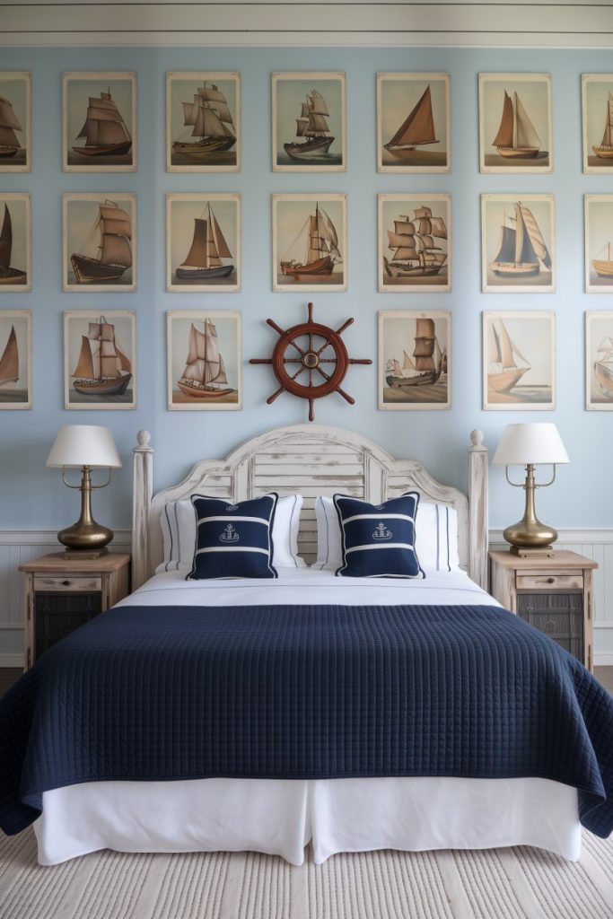 A nautical-themed bedroom with a ship's wheel above the bed surrounded by ship paintings. The bed is furnished with a dark blue quilt and pillows and is flanked by two bedside tables with lamps.