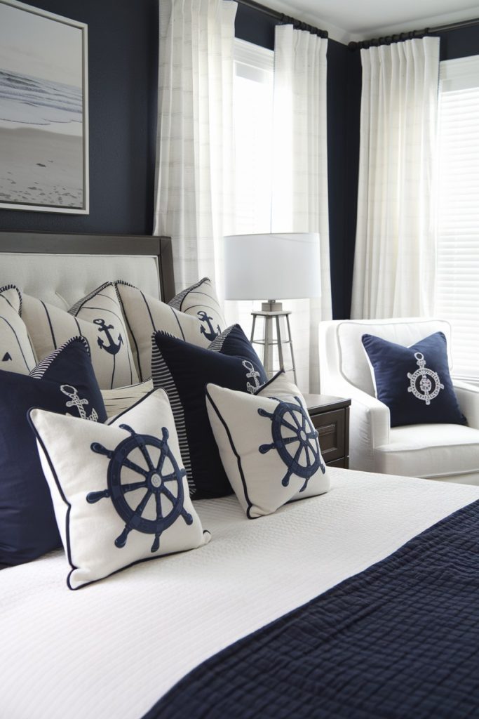 Nautical-themed bedroom with a bed decorated with navy and white pillows with anchors and ship wheels, complemented by a white armchair and a bedside lamp.