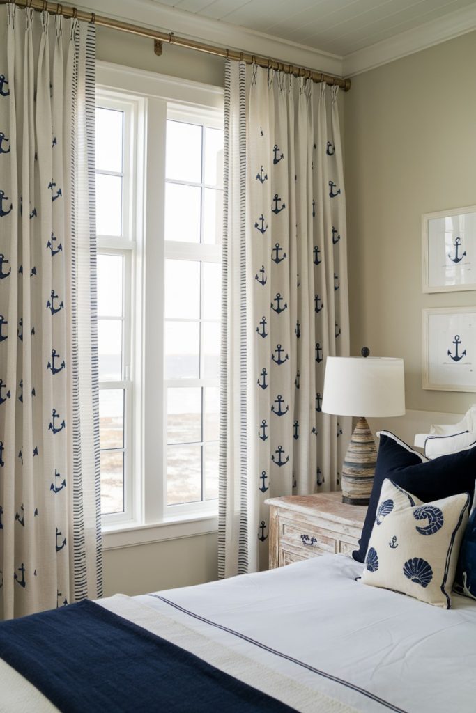 Bedroom with nautical decor, anchor pattern curtains, bed with shell and anchor pillows, wooden bedside table with lamp and framed anchor motifs on the wall.