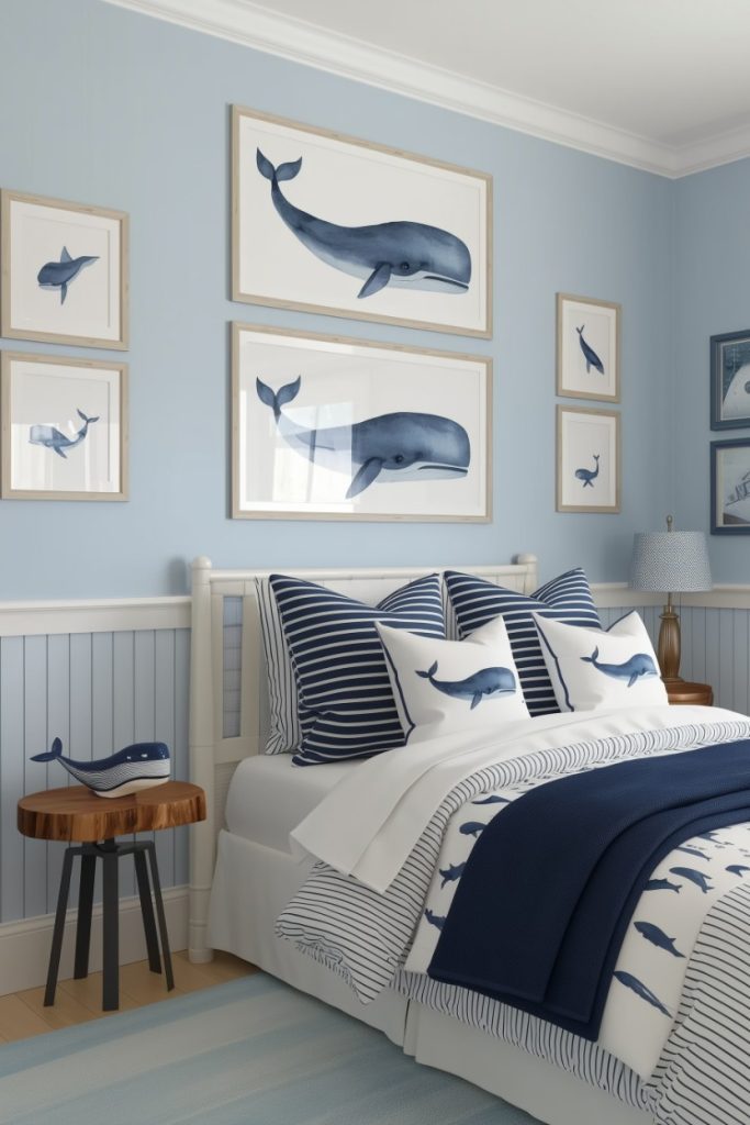 A nautical-themed bedroom features whale artwork on blue walls, a bed with matching whale linens and pillows, a white lamp, and a small wooden stool.