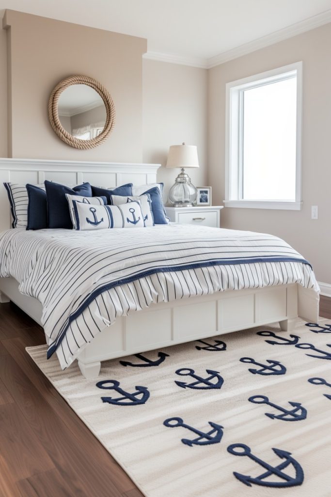 A bedroom with nautical decor, a bed with striped linens and anchor-print pillows, a round mirror and an anchor rug. There is a lamp and a picture frame on a bedside table.