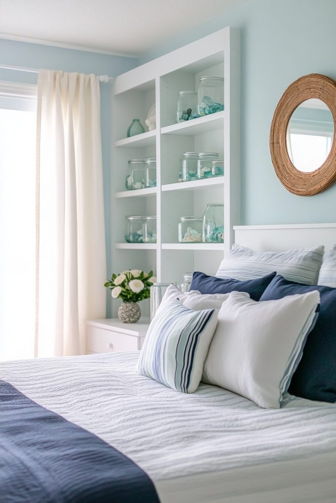 A cozy bedroom with a neatly made bed, blue and white linens, a round wooden mirror, built-in shelves with glass jars and a potted plant on a white bedside table.