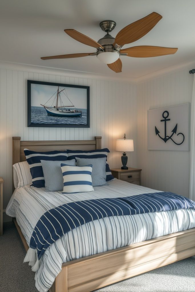 Bedroom with nautical decor, striped bedding, ceiling fan and nautical artwork on the walls.