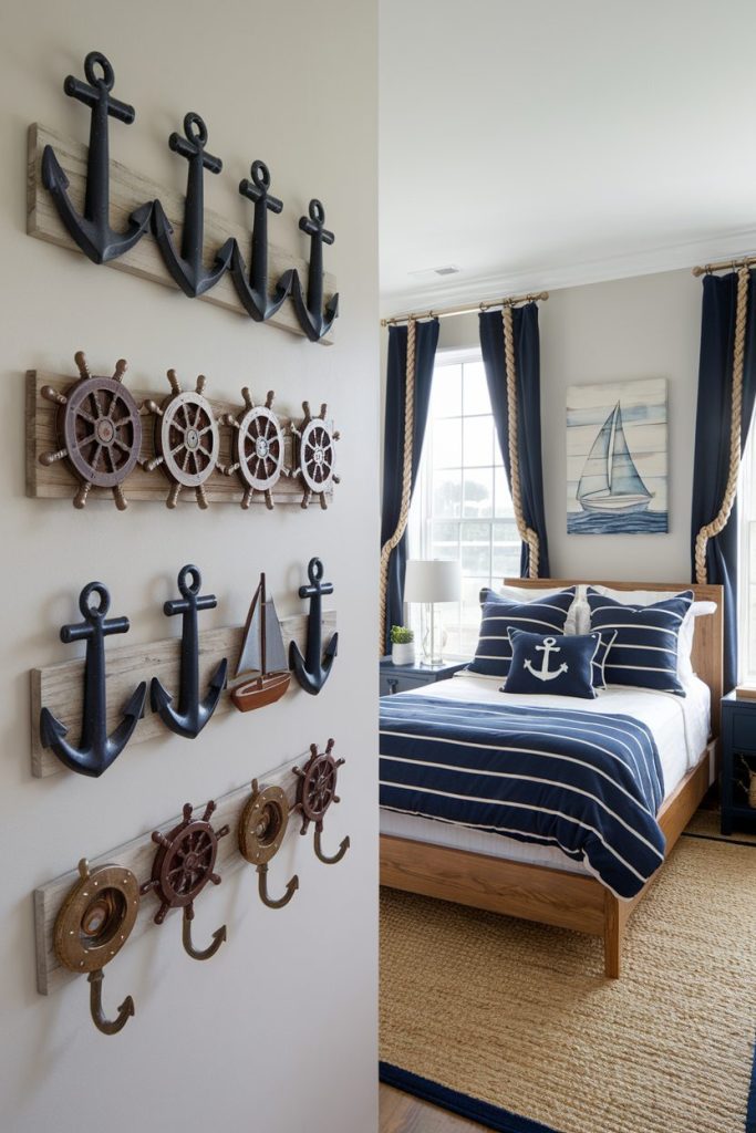 Nautical-themed bedroom with striped bedding, anchor pillows and anchor wall decoration. A boat painting hangs above the bed. Navy blue curtains frame a window.