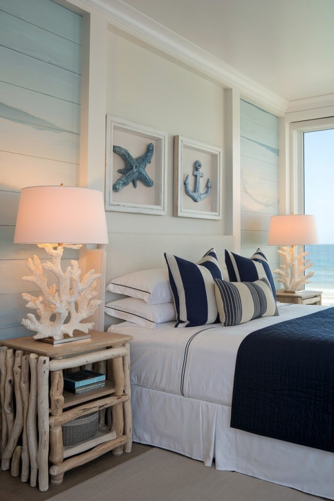 Coastal-style bedroom with bed, striped pillows, driftwood nightstands, wall art with starfish and anchors, and coral-shaped lamps overlooking the sea.