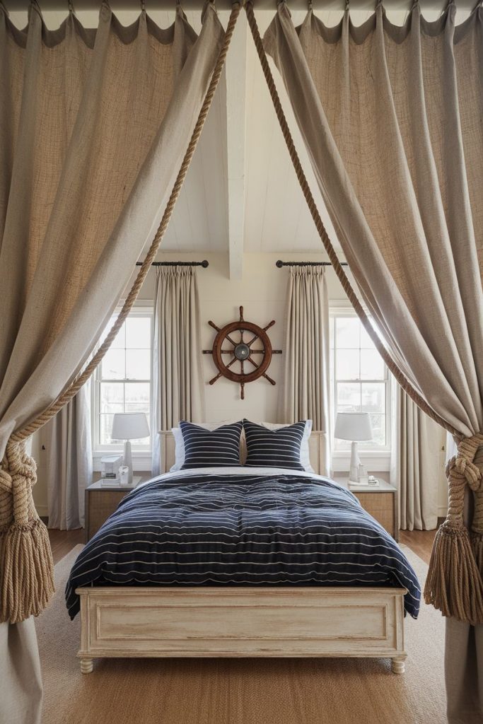 Bedroom with nautical decor, a wheel above the bed, striped bedding, rope-tied curtains and two windows.