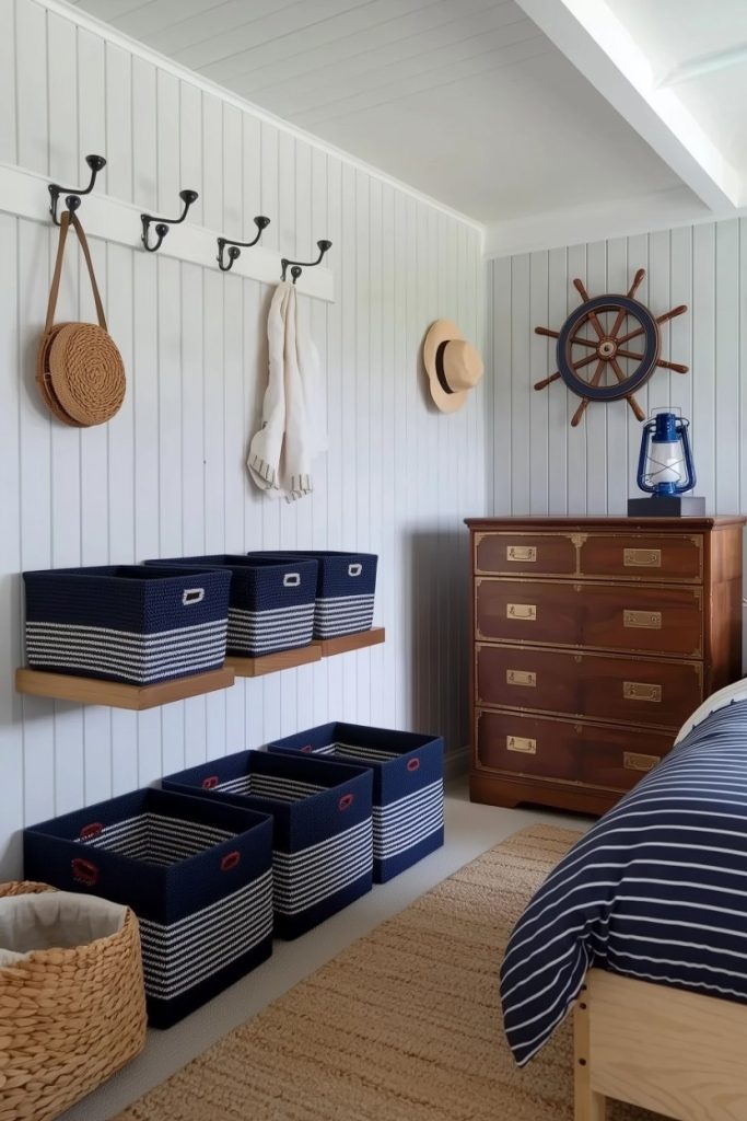 Nautical-themed bedroom with striped storage baskets, ship's wheel decor, dresser and hanging accessories on a white paneled wall.