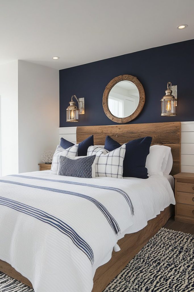 Bedroom with a wooden bed frame, navy and white bedding, a round mirror and two sconces in front of a navy blue accent wall. A patterned carpet covers part of the floor.