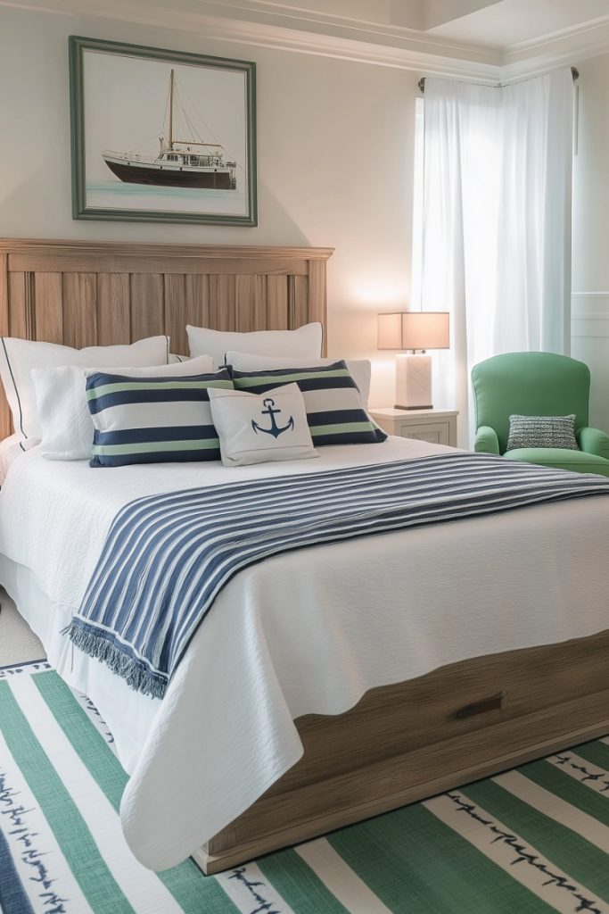 Bedroom with a bed with striped pillows and a nautical-themed throw, a green chair, a lamp and a boat painting on the wall. The room is softly lit by a window with transparent curtains.