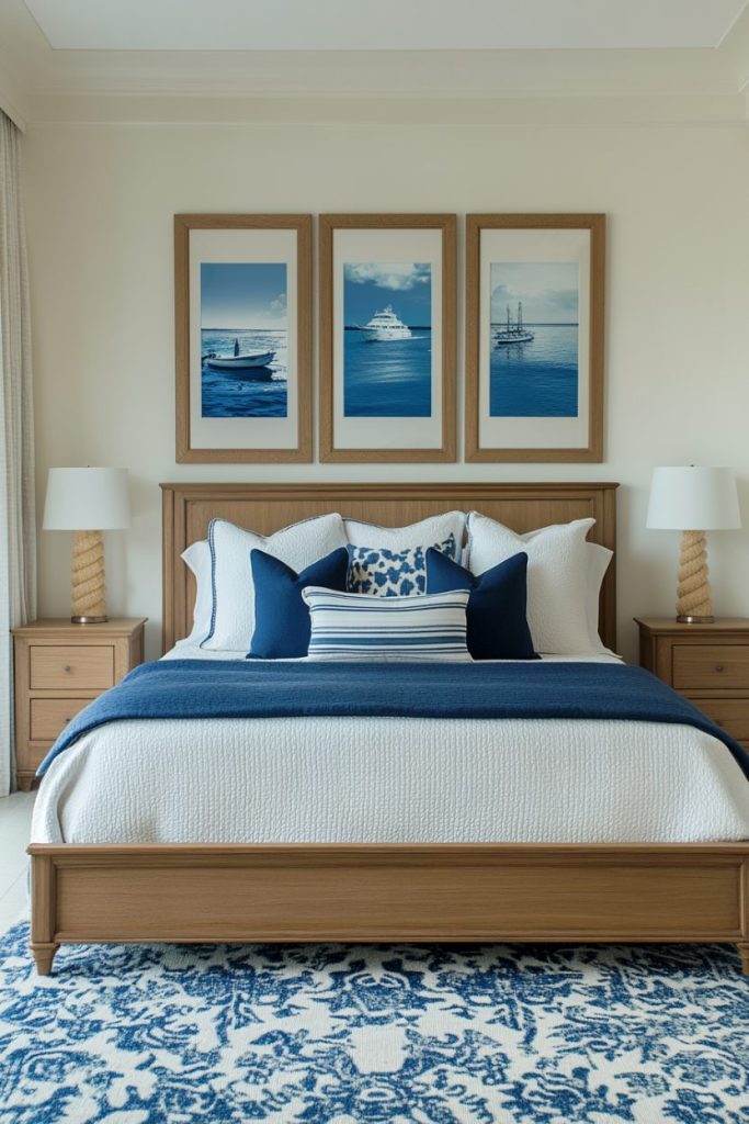 A neatly decorated bedroom with a wooden bed frame, blue and white linens, two lamps on side tables and three framed nautical pictures on the wall.