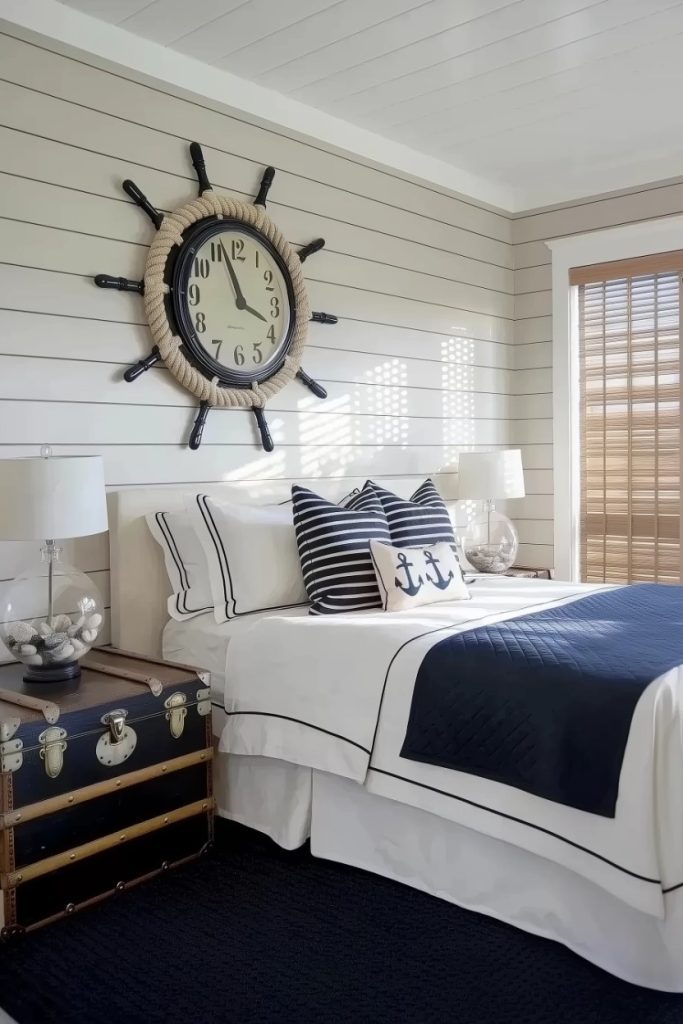 Nautical-style bedroom with a ship's wheel clock above a bed with anchor pillows. A chest serves as a bedside table and a window with blinds lets in natural light.