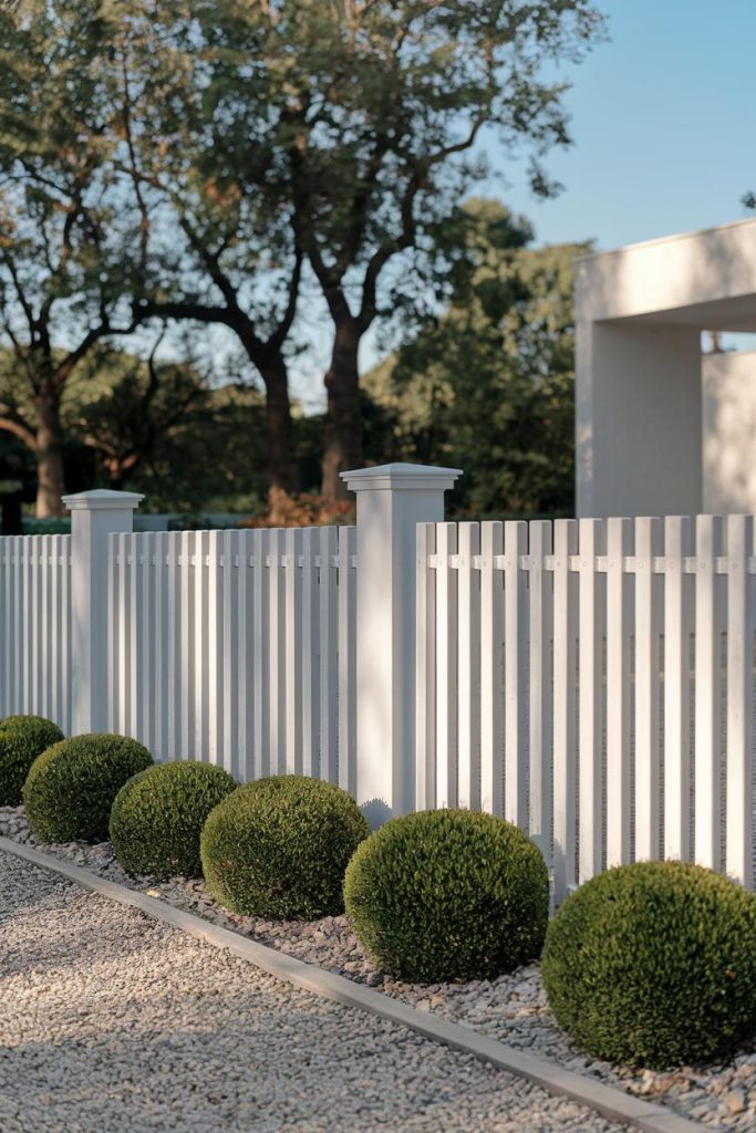 A white picket fence with evenly spaced posts and a row of trimmed bushes in front of it. Trees and a modern building can be seen in the background.