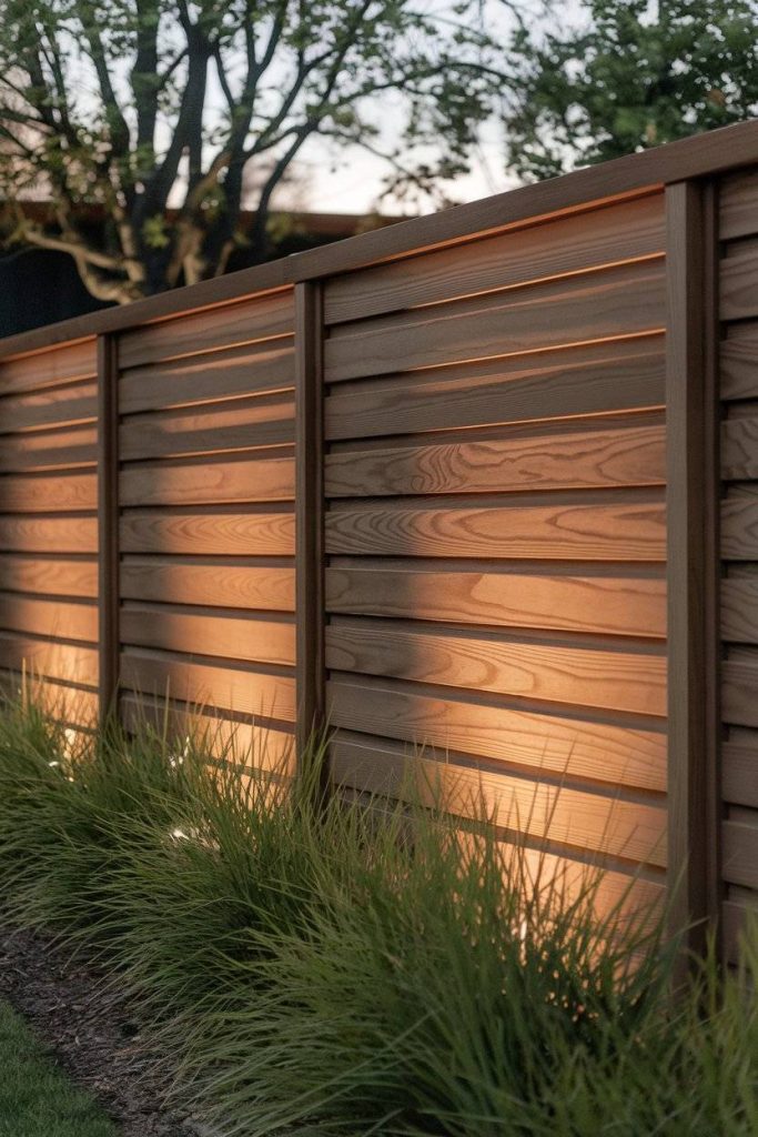 Wooden fence with horizontal panels, illuminated from below by outdoor lights. Bushy grass lines the base. Trees in the background.