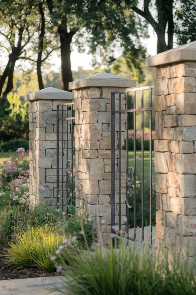 Stone pillars with wrought iron gates in a garden surrounded by green grass and flowering plants, with trees in the background.