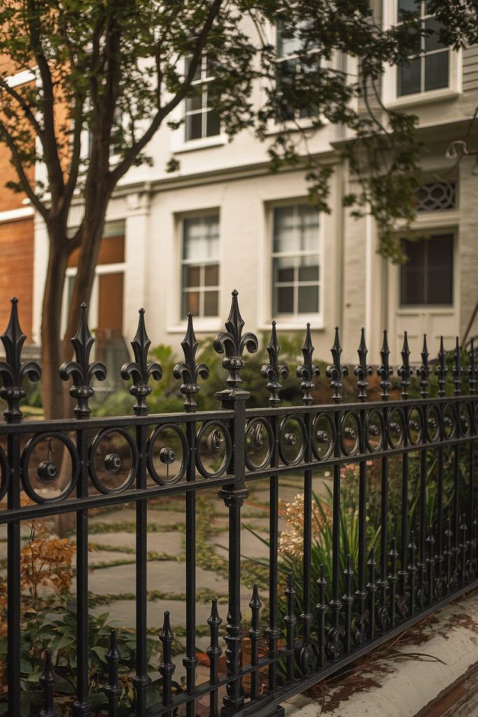 Black wrought iron fence with decorative spikes in front of a white residential building, partially hidden by trees.