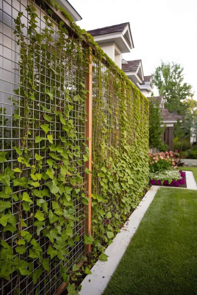 A metal trellis with green vines is attached to the outside of a house. There is a well-kept lawn and flower beds nearby.