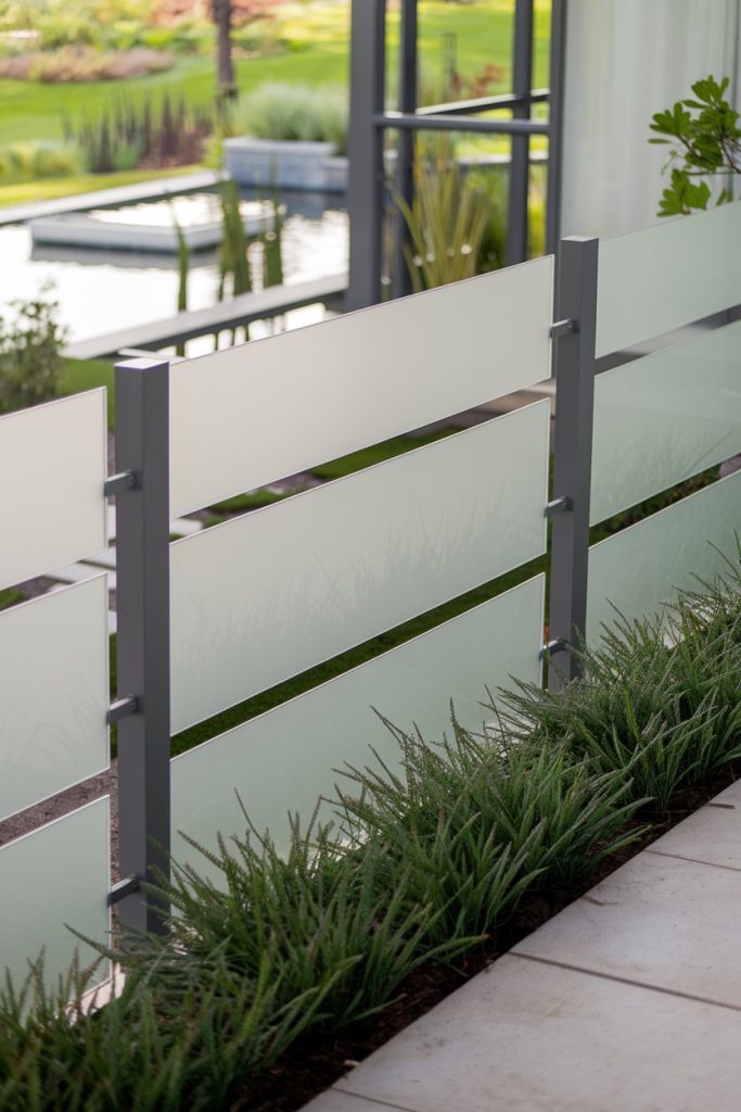 Frosted glass railing panels with metal supports line a landscaped garden area next to a tiled walkway.