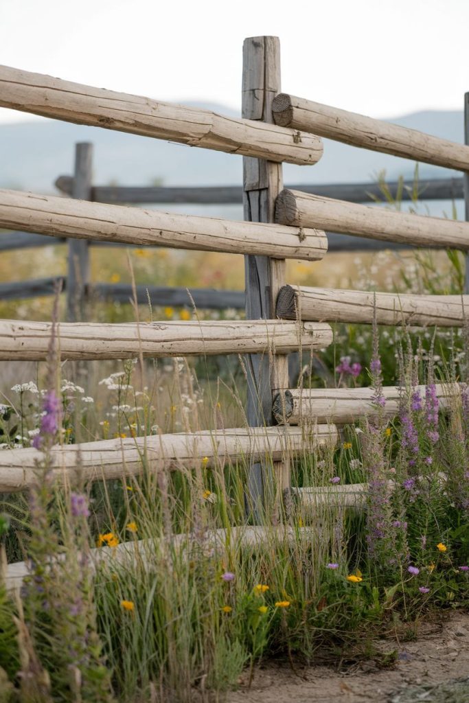 Wooden fence with wildflowers growing in front of it, including purple, white and yellow flowers, against a blurred background of more fences and open countryside.