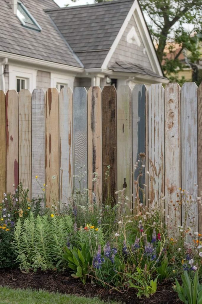 A colorful wooden picket fence with weathered paint stands in front of a garden with various flowers. A house with a gray roof can be seen in the background.