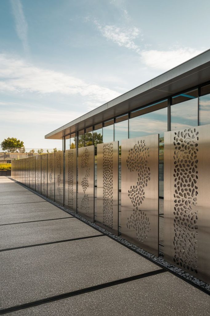 Modern building with large glass windows and decorative metal panels with abstract patterns. The panels line a smooth walkway under a clear blue sky.