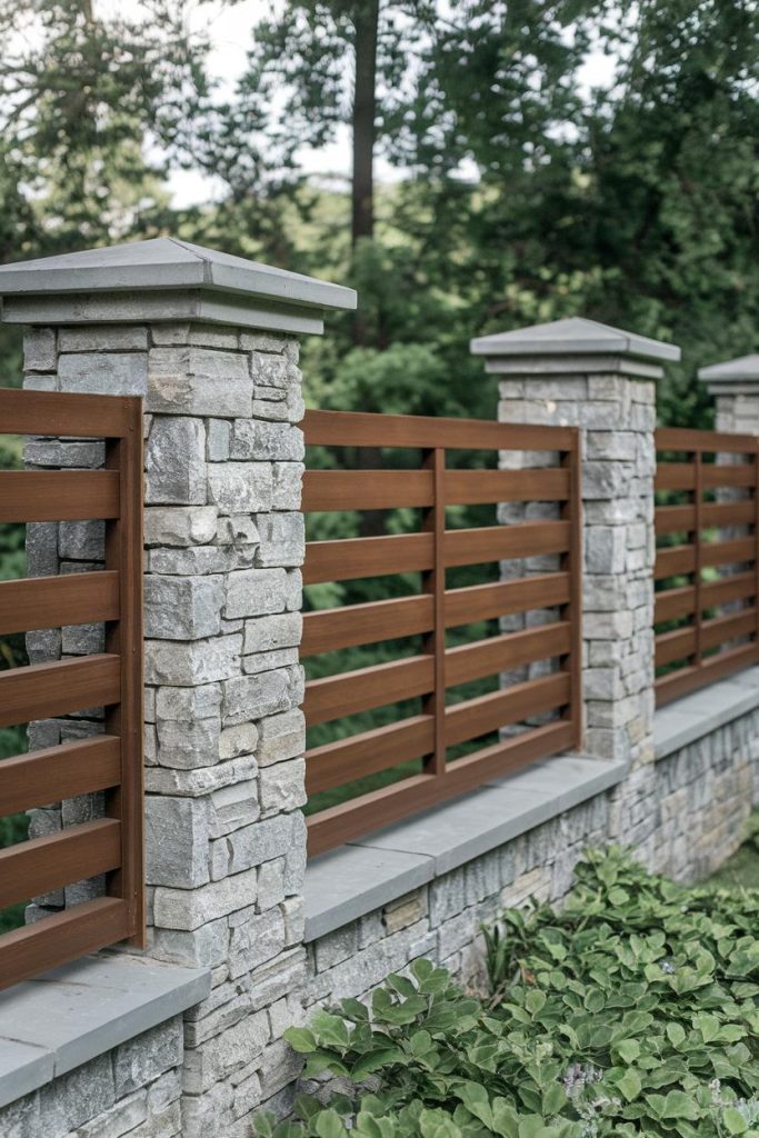 Stone fence with wooden slats and stone pillars surrounded by green foliage.