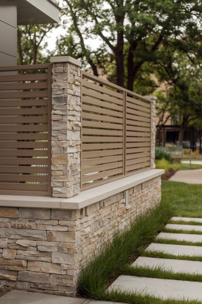 Stone and metal fencing surrounds a modern yard with stepping stones and grass. Trees and bushes can be seen in the background.