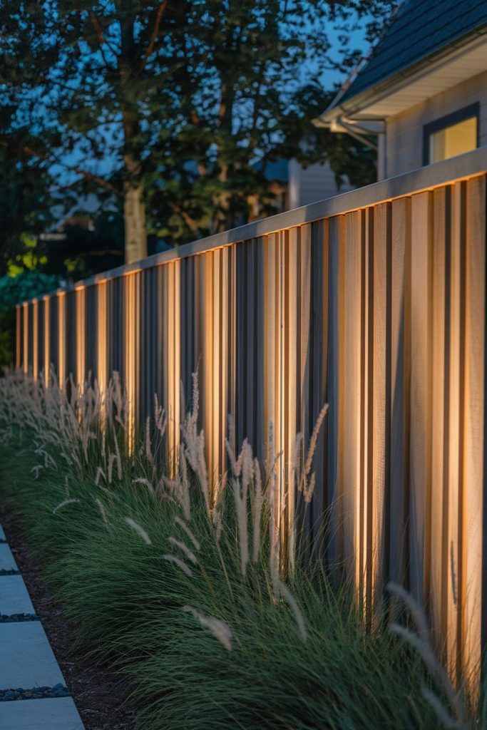 A wooden fence with vertical boards is illuminated at night, surrounded by tall grass and trees in the background.