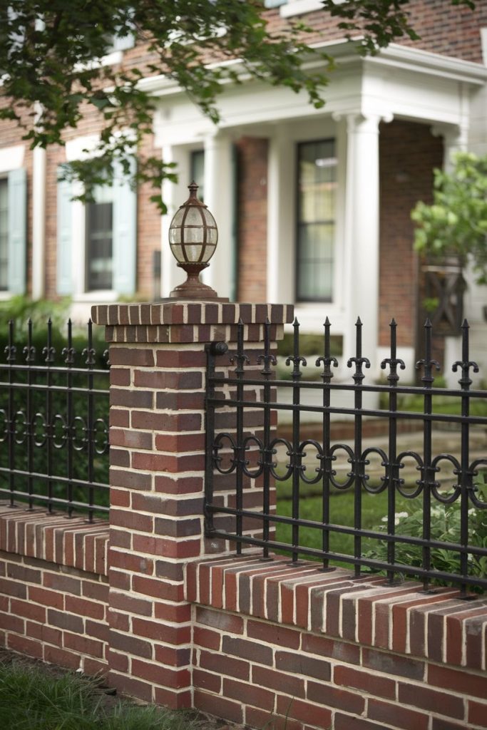 A brick fence with wrought iron details and a decorative light pole in front of a two-story brick house with white columns.