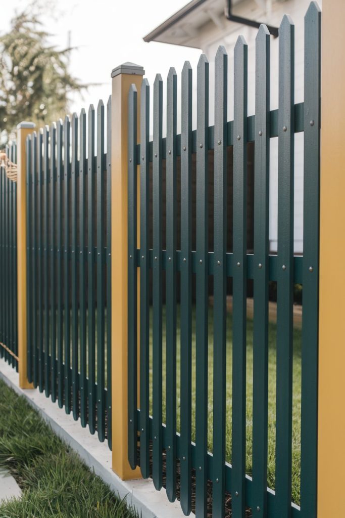 A wooden fence with green vertical slats and yellow posts borders a lawn.