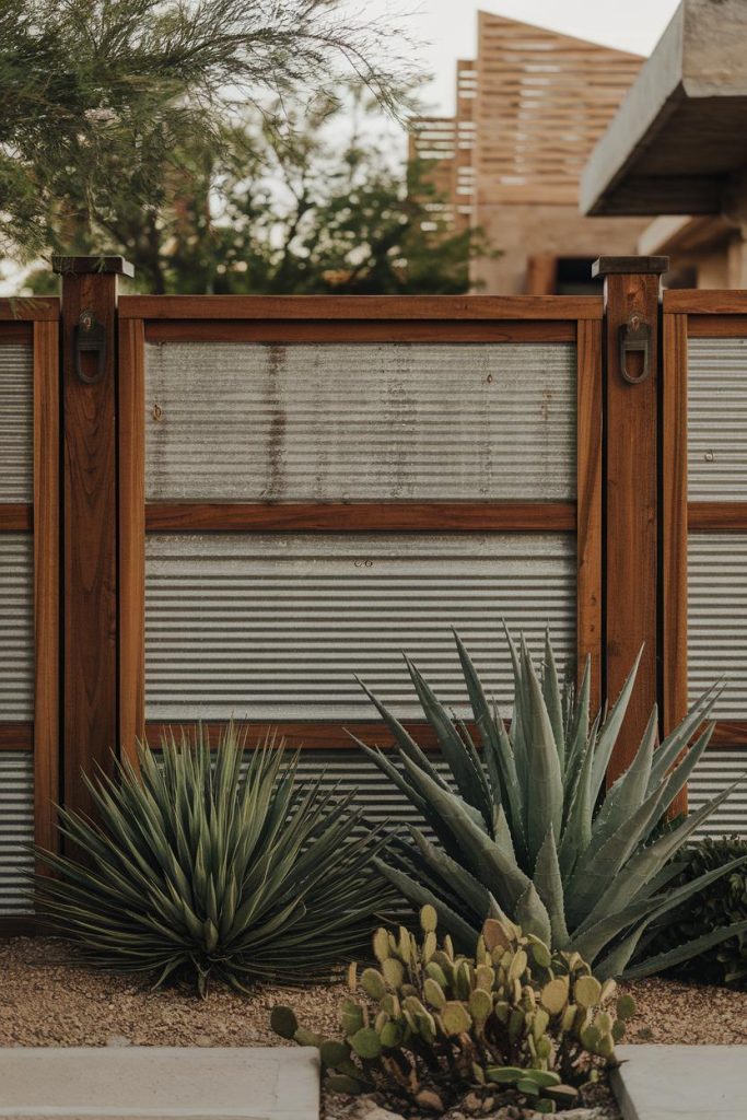 A wooden and metal fence with agave plants and cacti in front of it, against a background of trees and a modern building.