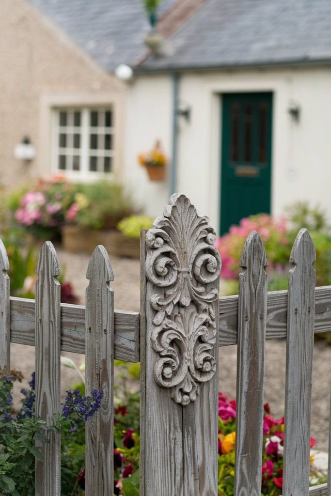 Ornate wooden fence with a floral pattern in front of a cottage with a green door surrounded by colorful flowers.