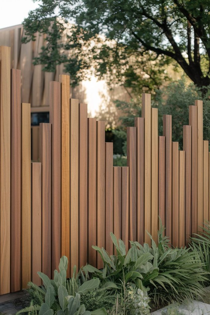 Wooden fence with different heights in a modern design surrounded by green plants and trees.