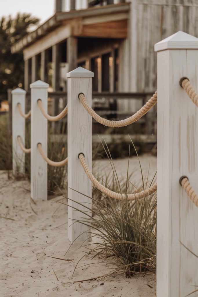 Wooden posts connected with ropes on a sandy path in front of a rustic building.