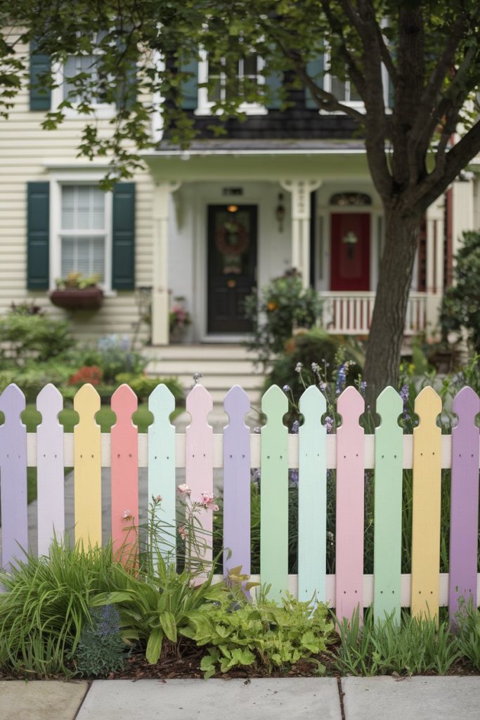 A pastel-colored picket fence in front of a house with a red door and black shutters, surrounded by a garden with green plants and a tree.