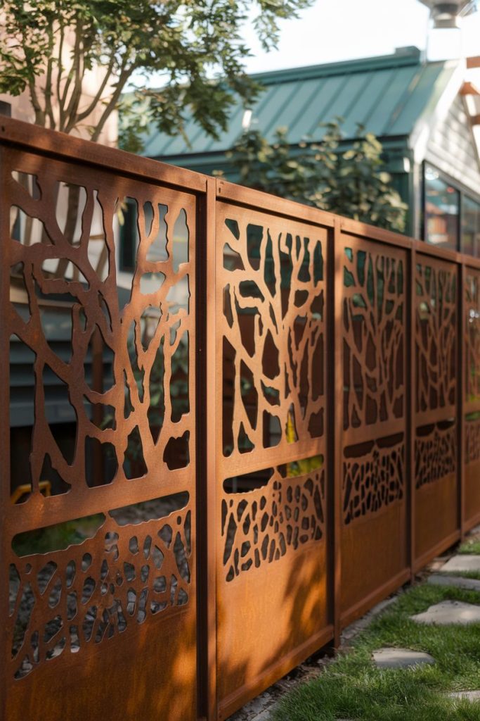 Decorative rust-colored metal fence panels with tree branch patterns line a garden path.