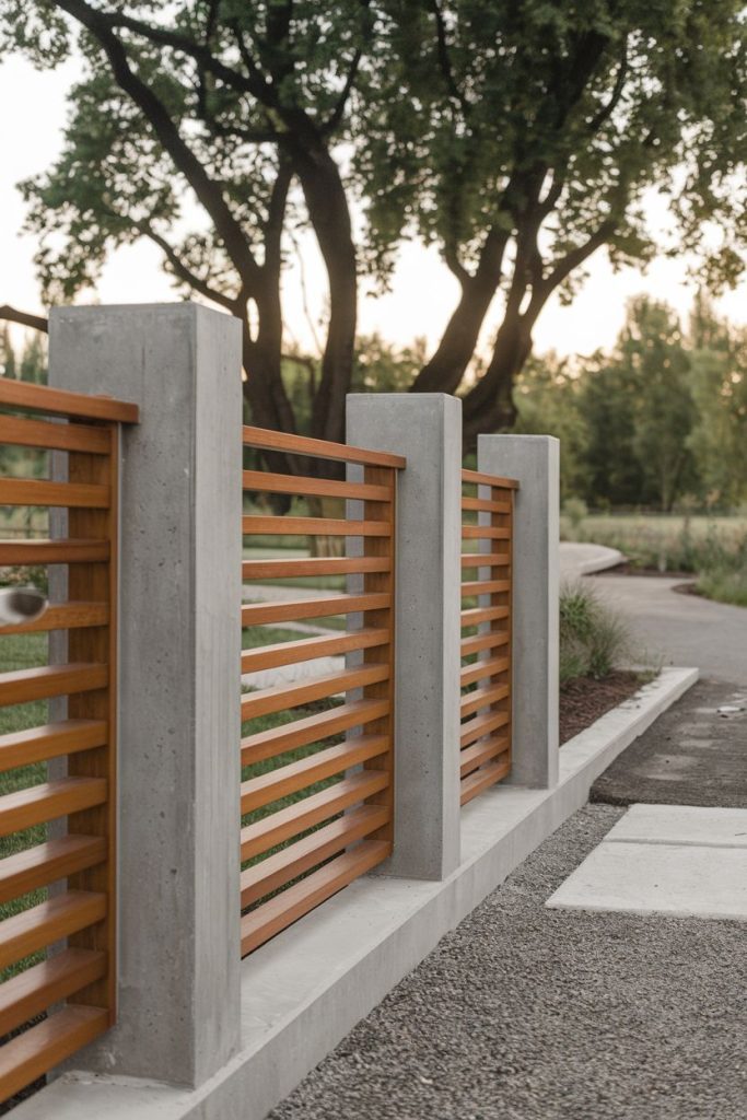 Modern fence with concrete pillars and horizontal wooden slats nestled in a landscaped area with trees and a path in the background.