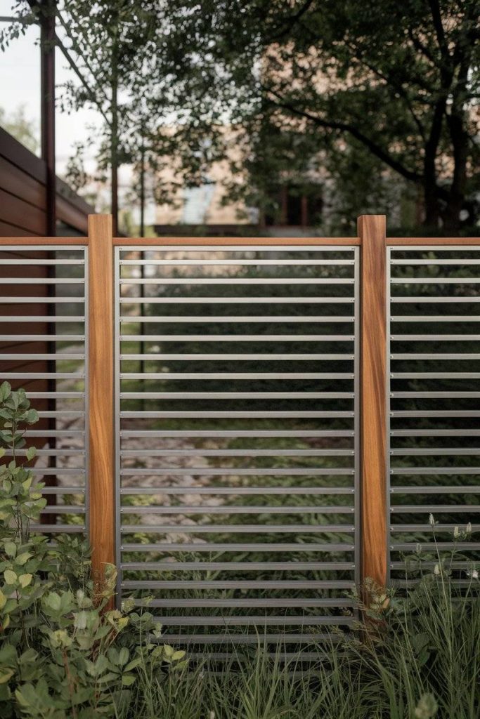 Metal and wooden fence with horizontal slats in a garden area with green plants and trees in the background.