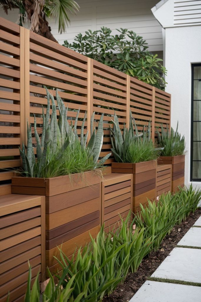 A wooden fence with slats, planters with tall green plants and a row of small plants along a stone path.